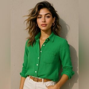 J Crew Fac Double Gauze Button Up Shirt in Kelly Green Size XS Crinkle Gauze